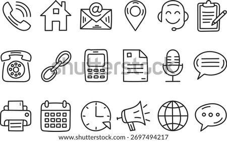Hand Drawn Communication and Contact Line Art Icons Set for Business, Networking, and Digital Connection Design Concepts