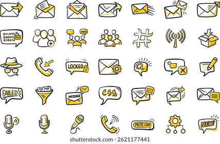 Hand drawn communication icons set concept with mail and social media symbols