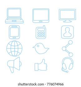 hand drawn communication, network, gadget icons, 