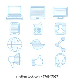 hand drawn communication, network, gadget icons, 