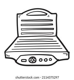 Hand drawn compact meat grill icon in doodle style isolated.