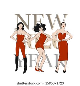 Hand drawn company of girls in evening festive red dresses with the inscription new year 2020. Women party in revealing outfits. Portrait of a model brunette young