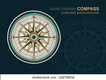 Hand drawn compass icon and background. Wind rose.