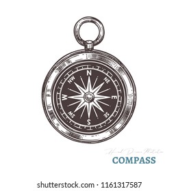 Hand drawn compass. Isolated vector illustration in sketch engraving style