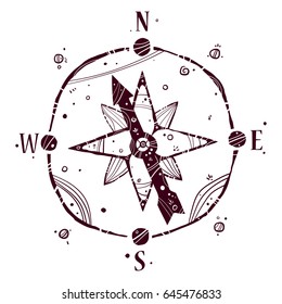 Hand drawn compass on a transparent background. Vector illustration in cartoon style. Ethnic style, unique ornament.