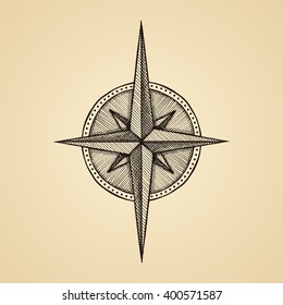 Símbolo de la rosa del viento de la brújula dibujada a mano. Herramienta de viajero de vectores. Ilustración vintage