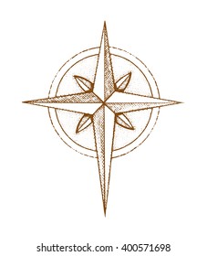Hand drawn compass wind rose symbol. Vector traveller tool. Vintage illustration