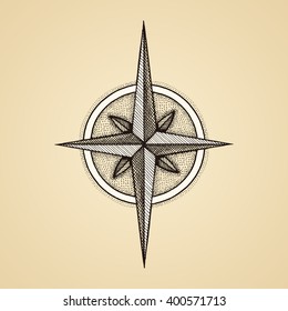 Handgezeichnetes Kompasswinzensymbol. Vektorreiserwerkzeug. Vintage-Illustration