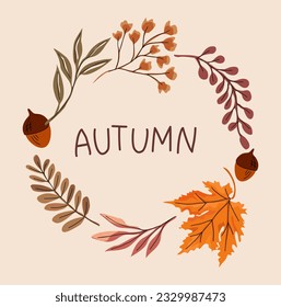 Hand drawn composition of fall leaves, branches, acorn. Autumn mood. Colored vector trendy illustration in autumn warm terracotta and beige colors, banner, background, social media post, template