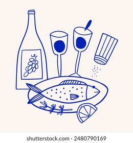 Hand drawn composition with fish and wine. Vector illustration