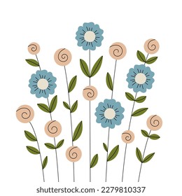 Hand drawn composition with flowers. Gardening and spring time concept. Can be used as poster or Birthday greeting card design. Vector illustration in nice colors.
