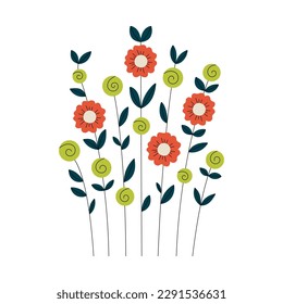 Composición dibujada a mano con flores. El concepto de jardinería y primavera. Se puede usar como póster o diseño de tarjetas de felicitación de cumpleaños. Ilustración vectorial en colores agradables.