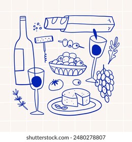 Hand drawn composition with food, snacks, drinks. Eating outside, outdoor dinner, picnic invitation. Vector illustration