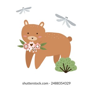 Hand drawn composition with forest animal and plants. Baby art for nursery design and prints. Charming cartoon woodland animal bear