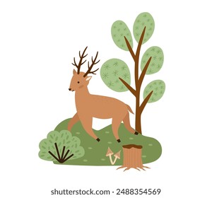 Hand drawn composition with forest animal and plants. Baby art for nursery design and prints. Charming cartoon woodland animal roe