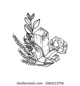 Hand drawn composition with gems, flowers and feathers with ornament. Floral decorations. Ink vecor illustration.