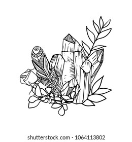 Hand drawn composition with gems, flowers and feathers with ornament. Floral decorations. Ink vecor illustration.