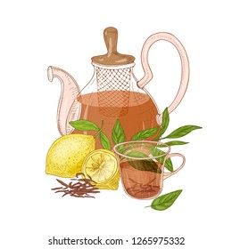 Hand drawn composition with glass transparent teapot with strainer, cup of black tea, fresh lemon and leaves isolated on white background. Tasty hot drink. Vector illustration in antique style.