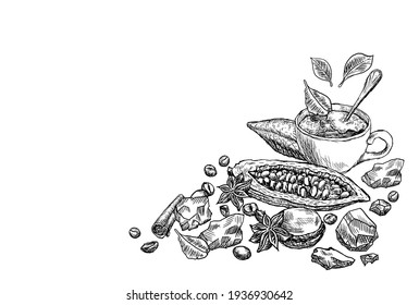 Hand drawn composition of ingredients for making delicious chocolate. Cover for the cafe menu. Coffee, tea, cocoa beans and butter, mug with hot drink and cloves spices isolated on white background