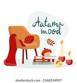 Hand drawn composition with lettering Autumn mood and armchair with blanket, pumpkin on books with falling leaves, candles. Cozy autumnal still life Vector illustration isolated on white background