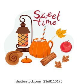 Hand drawn composition with lettering Sweet time and pumpkin shaped cup of coffee drink with cream and marshmallow, cinnamon bun, leaf-shaped cookies. Autumnal still life Vector illustration isolated