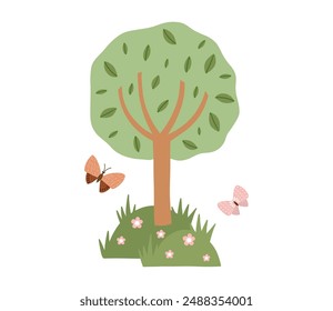 Hand drawn composition with meadow and tree. Children's art for nursery design and print. Adorable cartoon illustration of meadow with butterflies