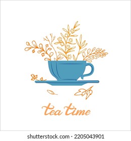 Hand drawn composition with orange leaves inside and around a tea cup. Leisure, relax with hot aromatic drink. Cozy tea party during fall, kitchen poster, invitation card, cafe or restaurant offer