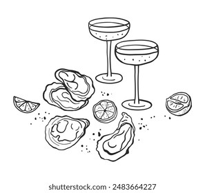 Hand drawn composition with oysters and champagne