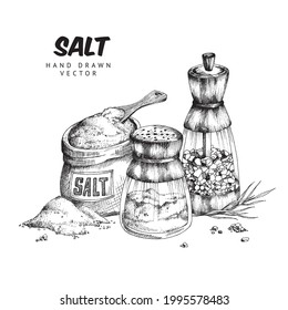 Hand drawn composition of sea salt in shakers and canvas bag, engraving vector illustration isolated on white background. Decorative image for salt packaging design.