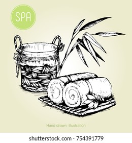 Hand drawn composition of spa attributes.Vector illustration.Vintage style