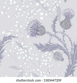 Hand drawn composition of a thistle flower. Seamless pattern with Milk Thistle on background of pastel colors. Vector botanical illustration.