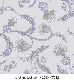 Hand drawn composition of a thistle flower. Seamless pattern with Milk Thistle on background of pastel colors. Vector botanical illustration.
