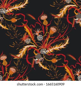 Hand drawn composition of a thistle flower. Seamless pattern with Milk Thistle on black background. Vector botanical illustration.