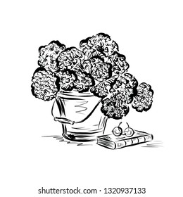 Hand drawn composition of a vase with a bouquet of flowers, books and glasses. Graphic botanic vector sketch in vintage style. Drawing for scrapbooking, print, postcard, card, poster, background. 