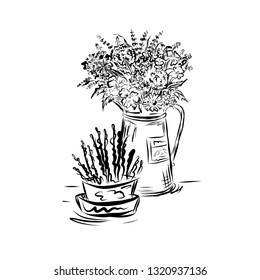Hand drawn composition of a vase with a bouquet of flowers. Graphic botanic vector doodle sketch in vintage style. Drawing for scrapbooking, print, postcard, card, poster, background. 