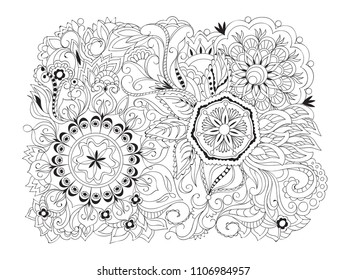 Hand drawn composition in zen-tangle style with mandalas and flowers. Print  for anti-stress therapy, adult coloring books, decorate  cases, dishes and stationery,  wall art and mural. eps 10
