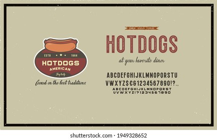 Hand drawn compressed grunge font. A clean font is included. The letters are accompanied by a version of the logo and the hot dog icon. Vector concept of fast food. Vector illustration