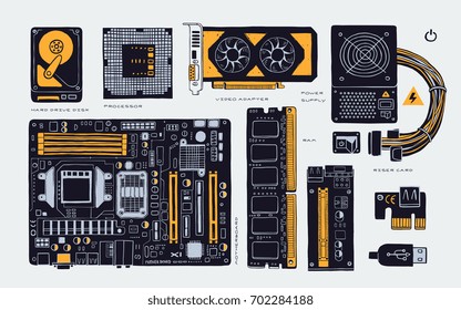 hand drawn, computer accessories parts for cryptomining farm, vector illustration components. isolated on white background.