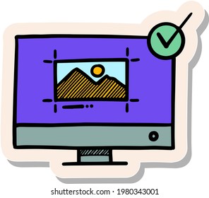 Icono de marca dibujada a mano y marca de verificación en líneas de esbozo de doodle en ilustración vectorial de estilo de pegatina