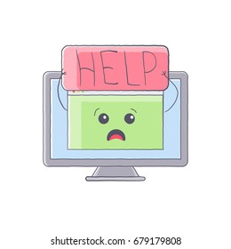 hand drawn computer and devices repair service. Isolated vector illustration with white background. Device with cute face