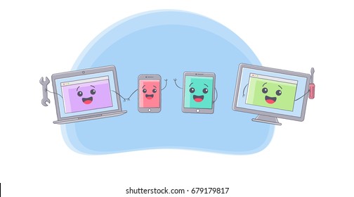 hand drawn computer and devices repair service. Isolated vector illustration with white background