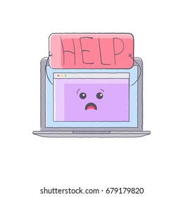 hand drawn computer and devices repair service. Isolated vector illustration with white background. Device with cute face