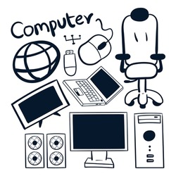 hand drawn computer drawings icon. Computer scribbles doodle vector. computer component drawing vector illustrations