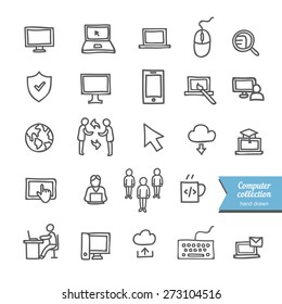 Hand drawn computer icons collection: interface icons, infographic elements