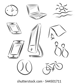 hand drawn computer, mobile phone, sport icon in black outline isolated on white background. vector illustration.