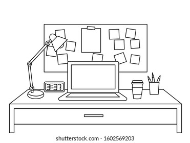 Hand Drawn Computer On Office Desk With Office Accessories. Doodle Desk Line Art Design For Workplace Vector Illustration.