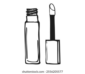 Hand drawn concealer brush and tube isolated on white background. Makeup concept vector illustration