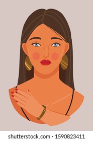 Hand drawn concept of brunette woman. Face woman avatar. Flat style vector icon.