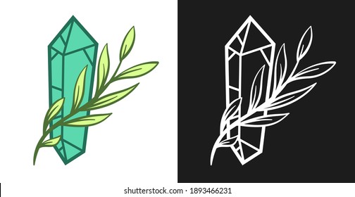 Hand drawn concept composition with crystal and leaf branch in vintage cartoon style. Modern design for print, cover, card. Vector illustration.