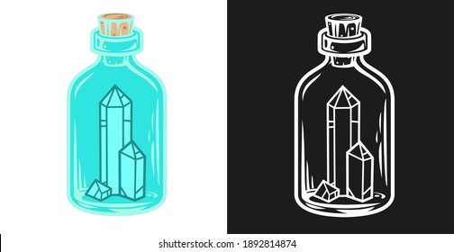 Handgezeichnete Concept-Komposition mit Kristallen und Flasche im Vintage-Cartoon-Stil. Modernes Design für Druck, Cover, Karte. Vektorgrafik.
